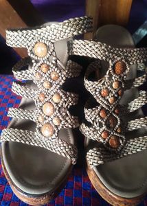 Braided Wedge Sandals with Stone Accents
