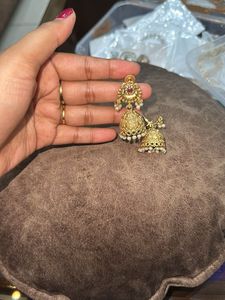 Golden Polish Jhumki With Ad Stones