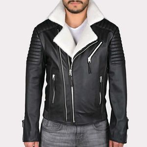 Shearling Collar Leather Moto Jacket