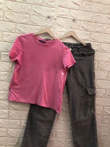 Pink shirt and grey cargo pant combo set🌈🚀🍬