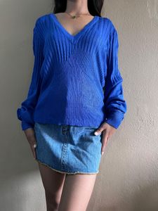 Blue V-neck Puff Sleeve Sweater 🎀