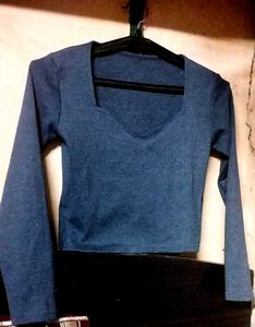 Blue Ribbed Long Sleeve Top