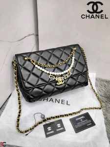 CHANEL PEARL LOGO CHAIN FLAP MEDIUM BAG*