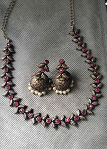 Oxidized Silver &amp; Ruby Necklace Set