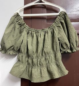 Y2k Olive Green Puff Sleeve Top