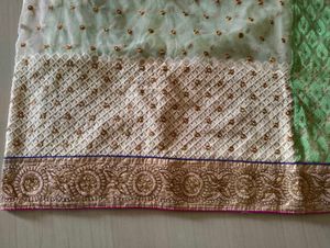 Parrot Green And Off White Sari With Stitch Blouse