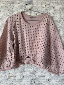 Pink Eyelet Tie-Front Top