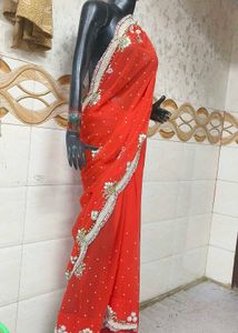 Red Georgette Saree Beads And Seep Work