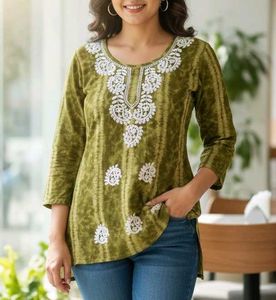 Bottle Green Embroidered short Kurta