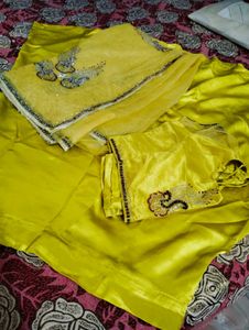 Hand Work Party Wear Yellow Saree