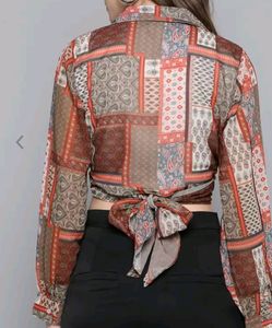 Brown And Red Geometric Printed Wrap Crop Top