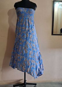 Floral Blue Strapless Dress