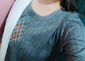 Gray Embroidered Kurti with White Dupatta