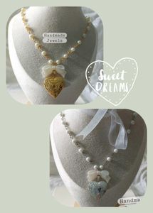 Anime Style Heart Locket Pearl Bow Necklace