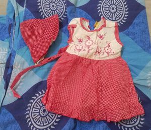 Red &amp; white Combination Frock With a Hat