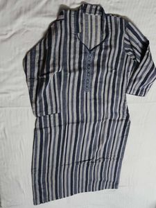 Women Blue Cotton Striped Printed Kurta Set