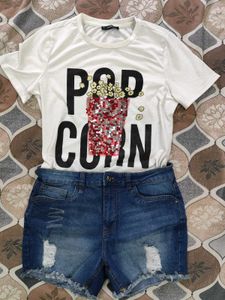 Popcorn Tee &amp; Denim Shorts Set