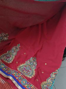 Teal And Red Embellished Saree