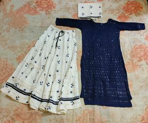 Navy &amp; White Embroidered Kurta with Skirt &amp; Dupatt