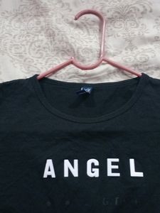 Girls Black Crop Top With Angel Written On It.