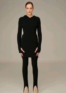 Hooded Knitwear Ribbed Black Midi Dress