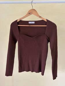 Mango Brown Square Neck Knit Top