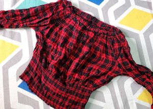 Red &amp; Black Plaid Off-Shoulder Top