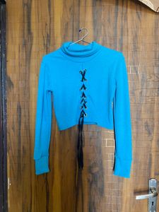 Blue Lace-Up Ribbed Crop Top