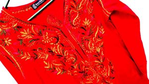 Handwork Chickenkari Red Embroidered Kurta