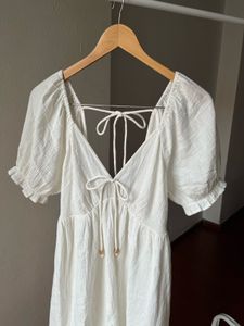 NEW LOOK Off White Crinkle-Cotton Frill Mini Dress