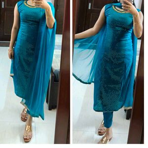 Women Teal Blue Sequence Chanderi Cotton Suit Set