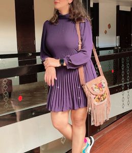 Purple Pleated High-Neck Dress