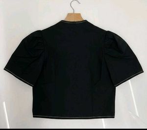 Black Zip-Front Puff Sleeve Top