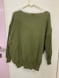 khaki green and white sweater with gold sequins
