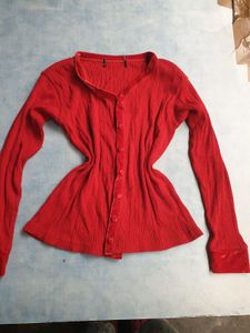 Red Ribbed Button-Down Top