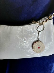 Crochet cream biscuit bag charm and keychain