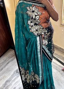Designer Turquoise Green Saree With Black Net