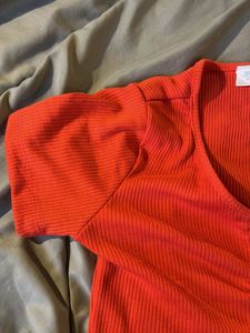 Orange Ribbed Tie-Front Crop Top
