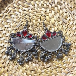Red Mirror Jhumka Earrings