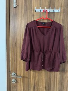 Burgundy V-Neck Cinched Blouse