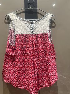 Red A Line Top With White Net Neckline