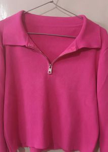 Pink Half-Zip Crop Top