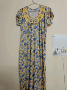 Women's Cotton Printed Maxi Nighty Yellow And Blue Colour Free Size.