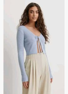 Blue Knit Open Cardigan / Shrug With Front Tie Up