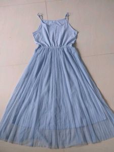Korean Sky Blue Pleated Midi Dress