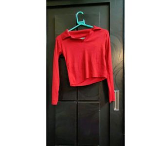 Full sleeves collar crop top V neck