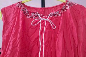 Embroidered Tie-Neck Top