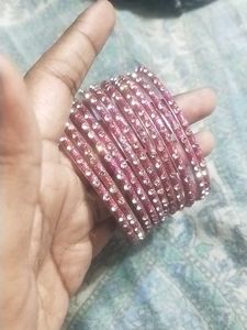 Sparkling Pink Glass Bangle Set (Set Of 11)