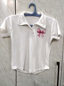 Cute White Polo Shirt with Bow
