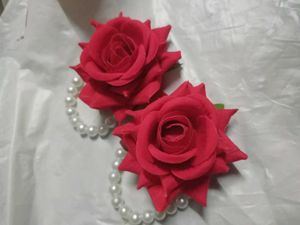 Red Rose &amp; Pearl Corsage Bracelets